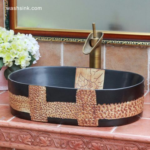 TPAA-105 Matte black glaze crude clay carved pattern above counter bathroom sinks