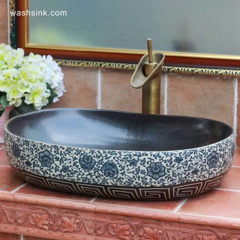 TPAA-110 Blue and white floral pattern and carved vortex pattern oval shape ceramic sink top