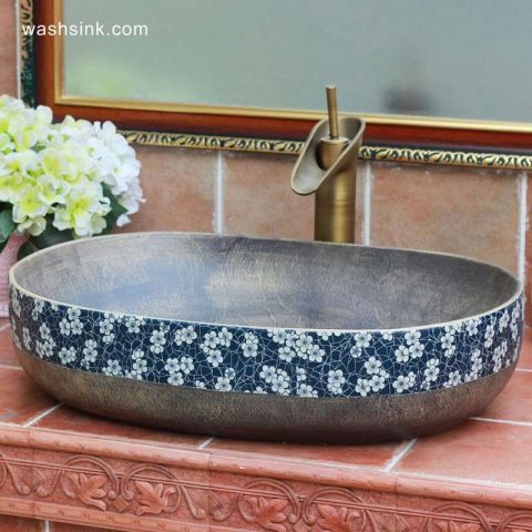 TPAA-113 Grey metal imitation blue and white floral rim oval bathroom bowl sinks