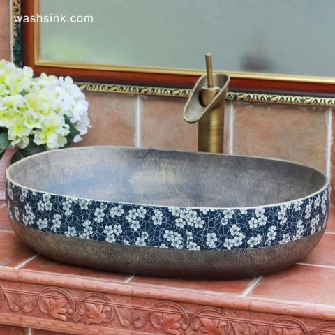 TPAA-113 Grey metal imitation blue and white floral rim oval bathroom bowl sinks