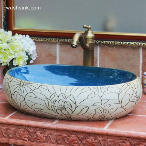 TPAA-152 China supplier direct sale cheap price high quality hand carved lotus flower and leaves ceramic bathroom basin