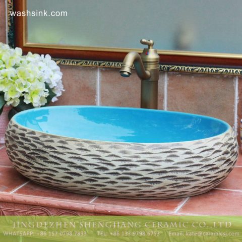 TPAA-155 Carved style ocean blue glaze inside Jingdezhen hot sale long ceramic trough sink vanity