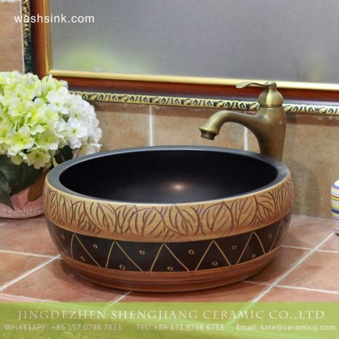 TPAA-204 Jingdezhen large bulk sale hand carved leaves round ceramic lavabo