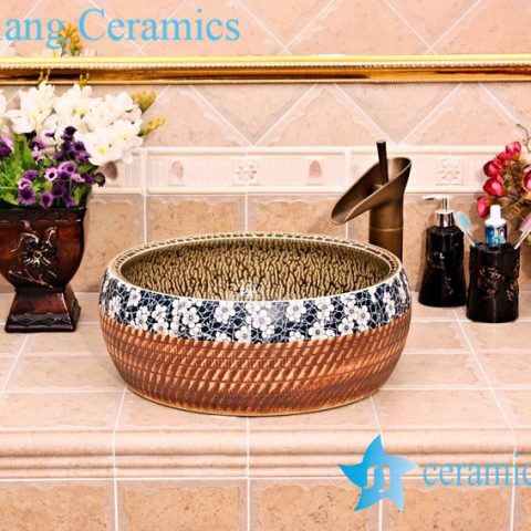 YL-B0_5256 tea dust glaze inside engraving outside waist drum shaped table top lavabo basin sink