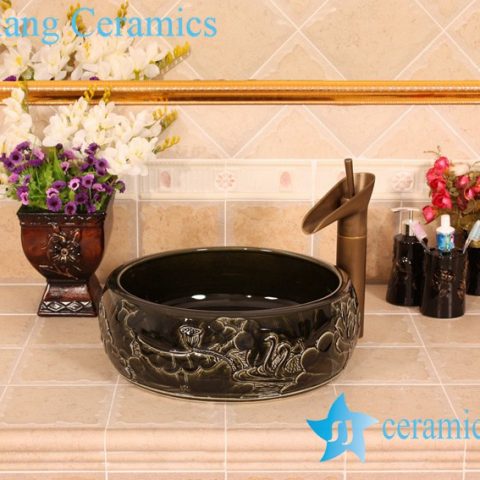 YL-B0_5383 bright finish carving lotus flower black bathroom cabinet top sink bowl