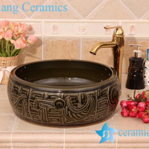 YL-B0_6213 Hand carving round black bathroom vanity top basin