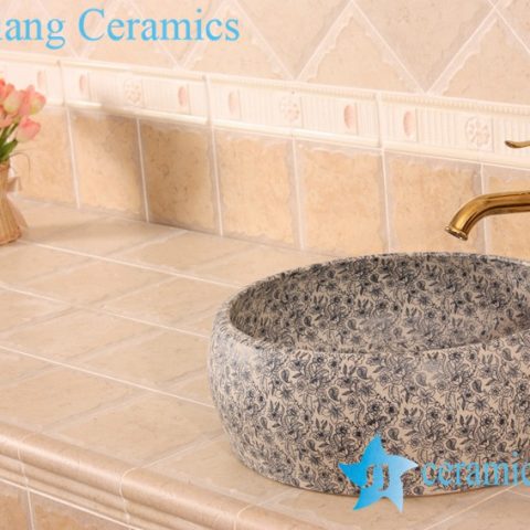 YL-B0_6395 Round blue floral bathroom wash basin cabinet top