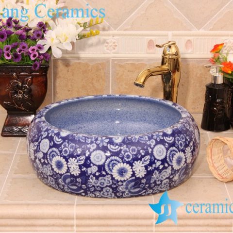YL-B0_6433 Blue floral cabinet top hand rinse ceramic basin