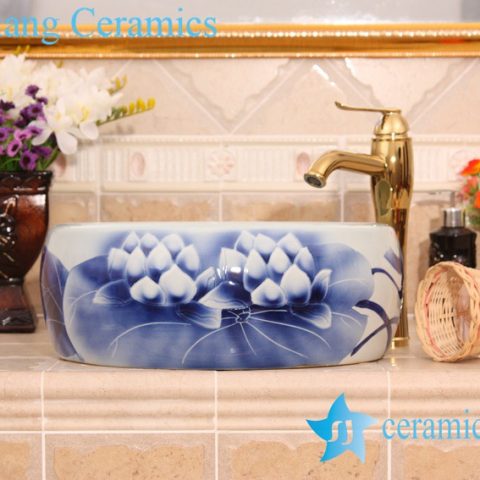 YL-B0_6615 Round blue and white relief lotus bathroom cabinet top hand wash basin