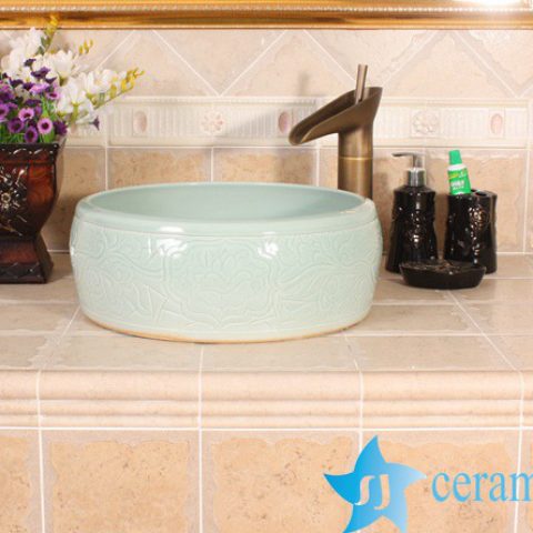 YL-B0_8527 China hand carving lotus round celadon antique bathroom sink