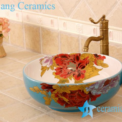 YL-C_4728 Colorful peony flower design porcelain counter top basin