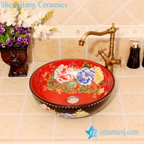 YL-C_4612 Peony flower design China style counter top wash basin bowl