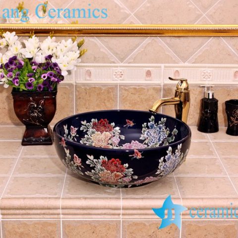 YL-C_5148 Chinese style butterfly and peony round ceramic vanity top sink bowl