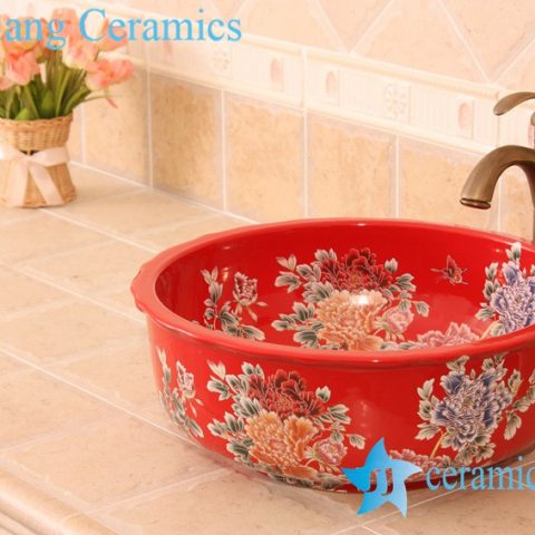 YL-C_6186 Peony and butterfly art design colorful porcelain counter top sink baisn