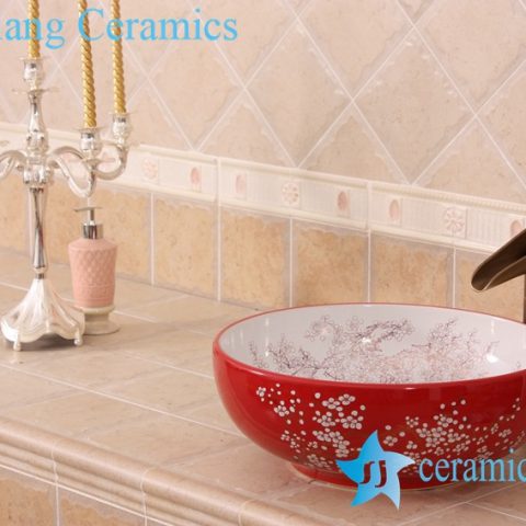 YL-C_7552 Factory outlet Plum blossom flower colorful round porcelain cabinet top sink basin bowls