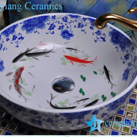 YL-E-5 Golden fish blue and white counter above ceramic wash basin sink bowl