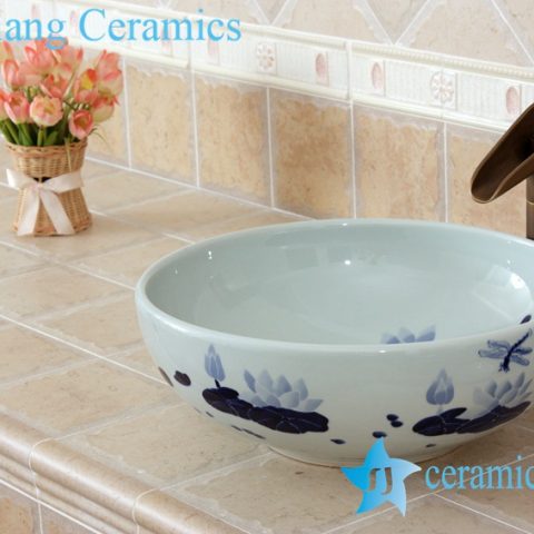 YL-E_5518 Blue and white porcelain counter top sink basin dragonfly and lotus flower design