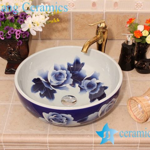 YL-E_6442 Blue and white elegant porcelain vanity top corner sink bowl