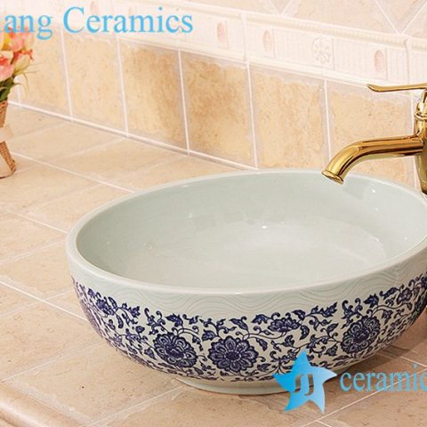 YL-E_6828 Celadon ground interlock branch lotus pattern blue and white round counter top wash basin