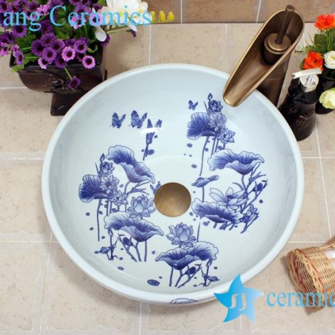 YL-E_7428 Round simple style blue and white porcelain cabinet top sink basin