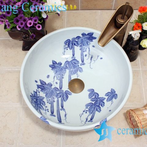 YL-E_7429 Blue and white towel gourd pattern ceramic freestanding hand rinse basin
