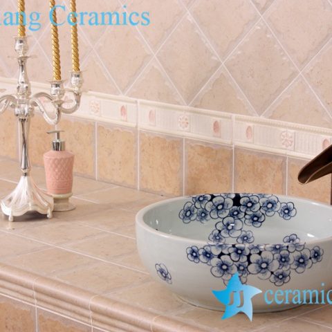 YL-E_7551 Fancy plum flower pattern blue and white porcelain corner sink bowl