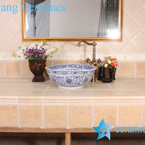 YL-E_8533 Factory direct sale extravagant design China tranditional blue and white line lotus flower paint porcelain counter top wash basin sink
