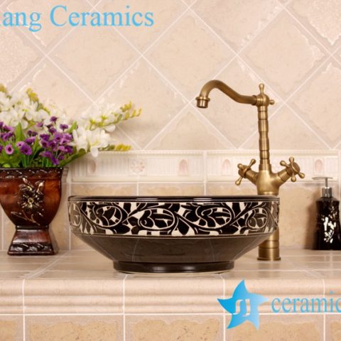 YL-G_4193 Elegant black solid color glaze hand carving round chinaware cabinet above sink basin bowl