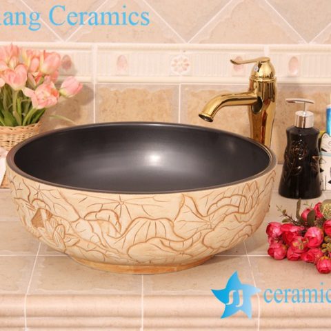 YL-G_6201 Black solid color inside and hand engraving lotus leaf outside round thicken wall ceramic sink basin bowl