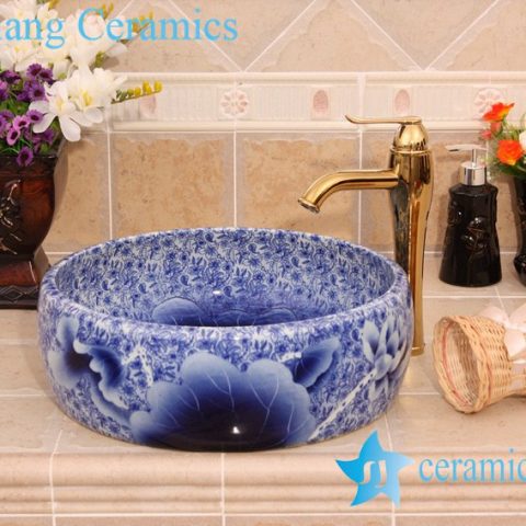 YL-H_6575 Blue and white hot sale low price round bathroom cabinet top art ceramic wash basin sink