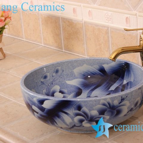 YL-H_6820 Blue and white mangnolia flower design round porcelain shampoo sink basin