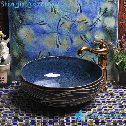 YL-H_7413 Wave line outside ocean blue inside round porcelain ceramic cabinet mount sink trough