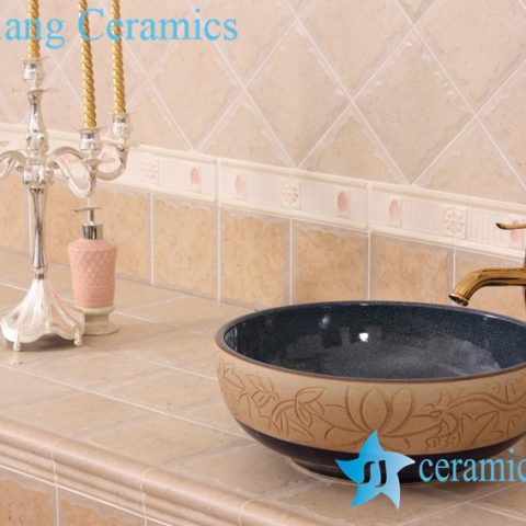 YL-H_7532 Hand carved no glazed outside dark blue glazed inside round ceramic chinaware corner bathroom sink