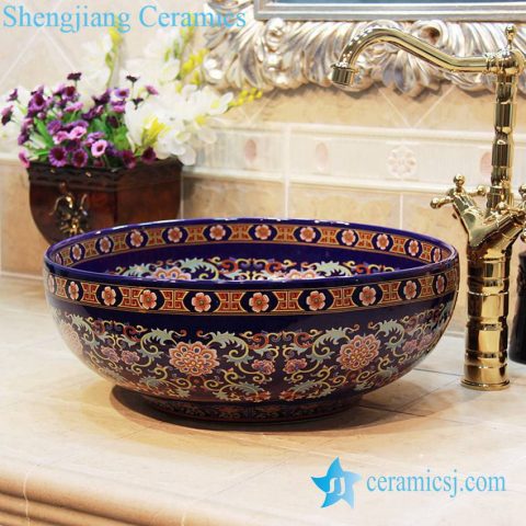 YL-OT_1755 Morocco style round deep blue famille rose wall hung sink