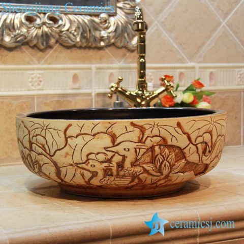 YL-OT_1863 Lotus carving design portable ceramic bathtub for children