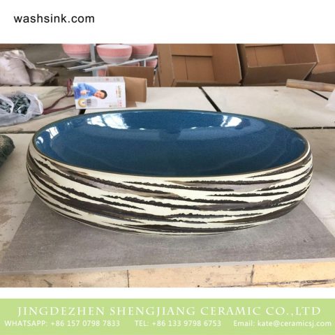 Shengjiang bulk sale good price round Chinese style hotel domestic independent hung wash basin with freehand brush work design surface and glazed blue wall TPAA-174