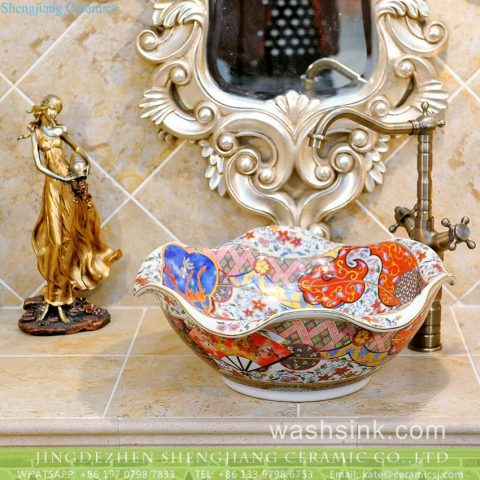 TXT10A-5 Factory cheap price floral rim handmade ceramic sink for washing accessories