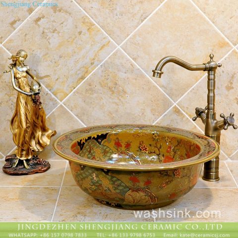 Popular sale item Jingdezhen factory outlet artistic hand made small corner sink with wide rim and floral and phoenix pattern on caramel color enamel TXT20B-2