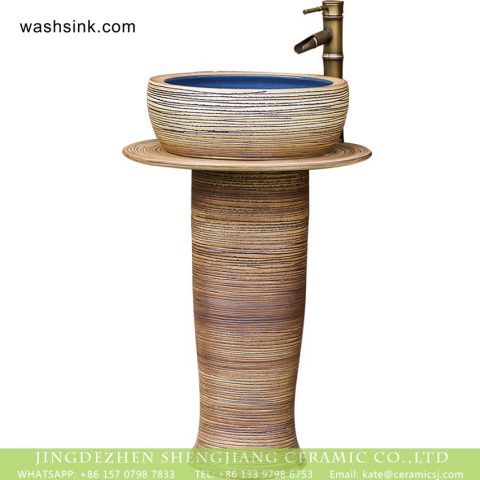 Luxury American garden style handicraft column pottery wash hand basin with deep blue glaze wall and carved striations on surface for courtyard decoration XHTC-L-3003