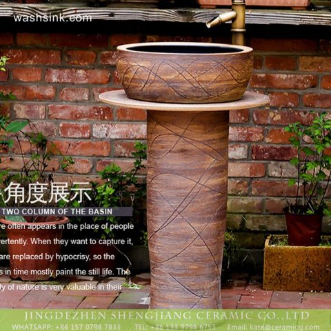Shengjiang produce hotel decoration retro style one-piece pedestal sink wood grain glaze with imaginative hand draw waving line XHTC-L-3008