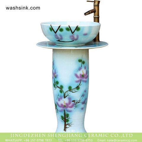 Elegant Chinese quaint country style hand craft one piece porcelain sanitary ware with pink magnolia denudata pattern on white glaze wall and surface XHTC-L-3018