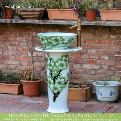 Jingdezhen product high quality one piece pedestal outdoor garden bathroom design vessel sink freehand sketching celadon glaze floral pattern on white color surface XHTC-L-3023