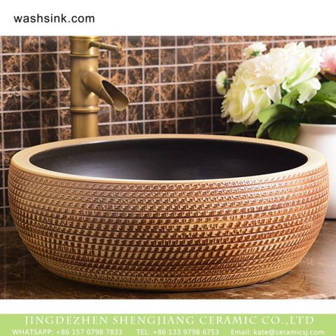 Shengjiang wholesale price Roman antique style drum shape fashionable retro countertop porcelain toilet basin with dark brown wall and carved mysterious brown pattern on surface XHTC-X-1016-1