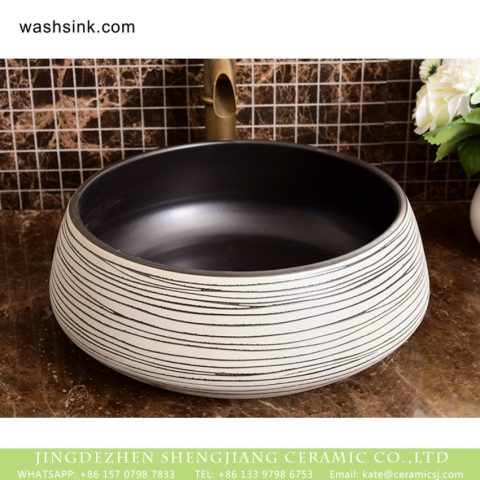 Hot Sales special design elegant Japanese quaint simple style drum shape round ceramic washroom wash basin with black glaze wall and zebra-stripe on white surface XHTC-X-1035-1