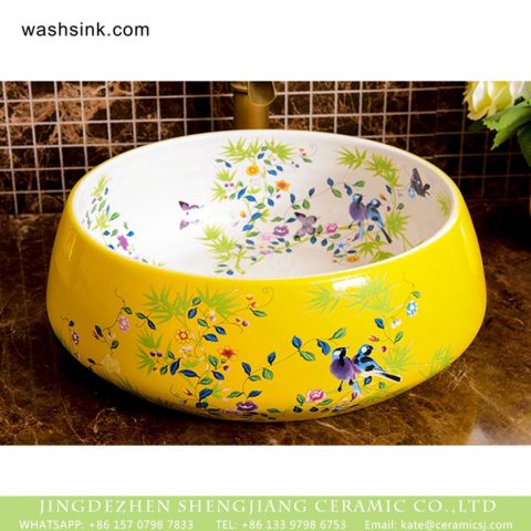 Jingdezhen factory direct bird flower series Chinese retro high quality washroom porcelain bowl vessel basin with beautiful floral and bird pattern on white glaze wall and maize yellow surface XHTC-X-1044-1