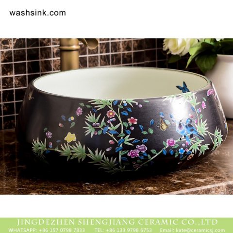 Porcelain City Shengjiang bird flower series Chinese traditional style high quality bathroom ceramic toilet basin with beautiful floral and butterfly pattern on white wall and black surface XHTC-X-1046-1