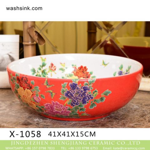 Peony Series Chinoiserie gorgeous European Mediterranean style round countertop art porcelain bowl vessel basin with ornate peony pattern on white glaze wall and jacinth color glaze surface XHTC-X-1058-1