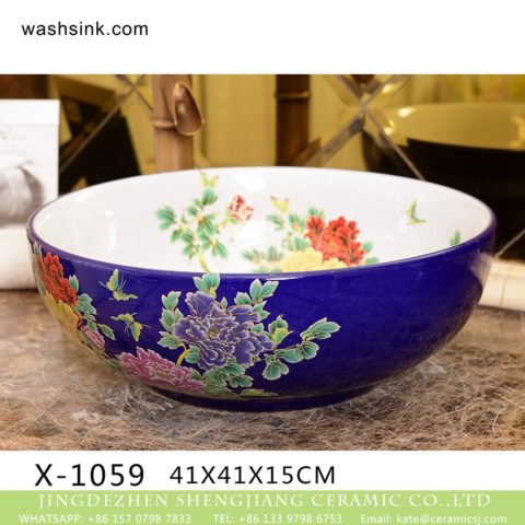 Peony Series Chinese vintage ornate style design European Mediterranean style round table top art ceramic wash sink basin with pretty peony pattern on white glaze wall and deep blue surface XHTC-X-1059-1