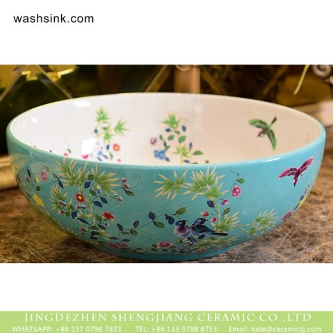 Shengjiang Ceramics bird flower series Jingdezhen made high quality bathroom ceramic famille rose countertop hand wash basin with beautiful floral and butterfly pattern on white glaze wall and turquoise glaze surface XHTC-X-1061-1