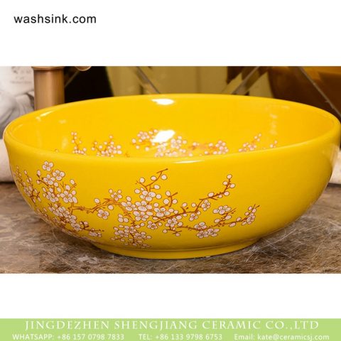 Shengjiang Ceramics Chinese retro style art porcelain countertop wash hand basin beautiful yellow color famille rose with maize yellow golden branch plum blossom graphic pattern XHTC-X-1063-1